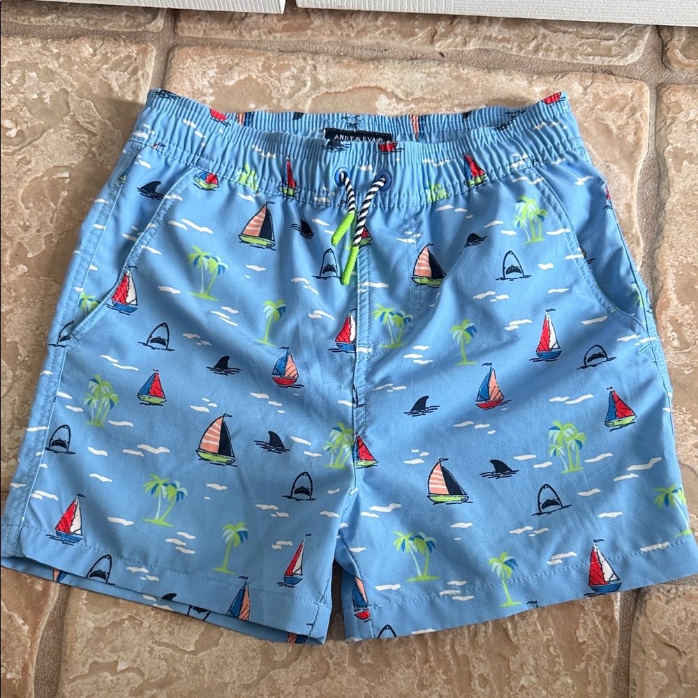 Andy & Evan Light Blue Boys' size 7 Sailboat Print Swim Trunks